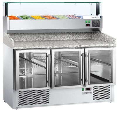 GGM Gastro Pizzakühltisch ECO - 1400x700mm - mit 3 Glastüren - inkl. Kühlaufsatzvitrine - 6x GN 1/4 GGM Gastro Pizzakühltisch ECO - 1400x700mm - mit 3 Glastüren - inkl. Kühlaufsatzvitrine - 6x GN 1/4