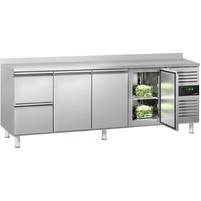 GGM Gastro Kühltisch ECO - 2230x700mm - mit 3 Türen - 2 Schubladen - mit Aufkantung Zilver GGM Gastro Kühltisch ECO - 2230x700mm - mit 3 Türen - 2 Schubladen - mit Aufkantung Zilver