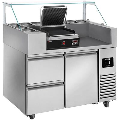 GGM Gastro Zubereitungstisch - 1210mm - 1 Tür & 2 Schubladen - für 9x GN 1/6 - inkl. Digitalem Kontaktgrill Zilver GGM Gastro Zubereitungstisch - 1210mm - 1 Tür & 2 Schubladen - für 9x GN 1/6 - inkl. Digitalem Kontaktgrill Zilver