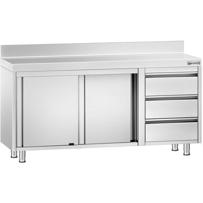GGM Gastro Edelstahl Arbeitsschrank PREMIUM - 1600x700mm - mit 3 Schubladen rechts & Aufkantung Zilver GGM Gastro Edelstahl Arbeitsschrank PREMIUM - 1600x700mm - mit 3 Schubladen rechts & Aufkantung Zilver