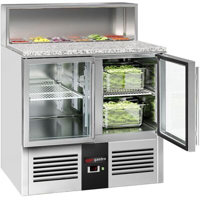 GGM Gastro Saladette PREMIUM - 903mm - 2 Glastüren - mit Edelstahlaufsatz für 5x GN 1/6 Zilver GGM Gastro Saladette PREMIUM - 903mm - 2 Glastüren - mit Edelstahlaufsatz für 5x GN 1/6 Zilver