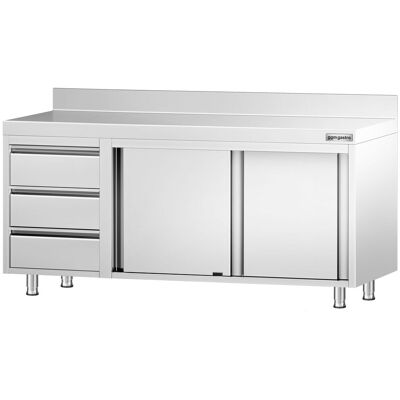 GGM Gastro Edelstahl Arbeitsschrank PREMIUM - 1800x600mm - mit 3 Schubladen links & Aufkantung Zilver GGM Gastro Edelstahl Arbeitsschrank PREMIUM - 1800x600mm - mit 3 Schubladen links & Aufkantung Zilver