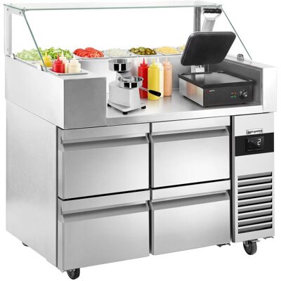 GGM Gastro Zubereitungstisch - 1210mm - 4 Schubladen - für 9x GN 1/6 - inkl. Kontaktgrill & Hamburgermaschine Zilver GGM Gastro Zubereitungstisch - 1210mm - 4 Schubladen - für 9x GN 1/6 - inkl. Kontaktgrill & Hamburgermaschine Zilver