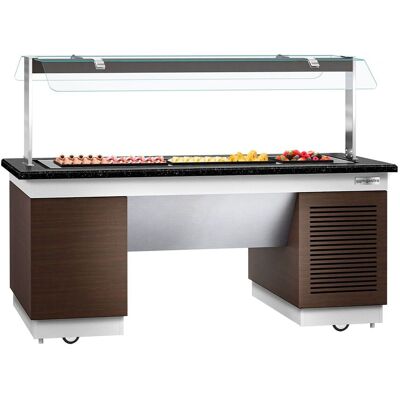 GGM Gastro Buffettheke kalt DUBLIN - 2000mm - mit Kühlplatte & Rollen Bruin / Zwart / Wit GGM Gastro Buffettheke kalt DUBLIN - 2000mm - mit Kühlplatte & Rollen Bruin / Zwart / Wit