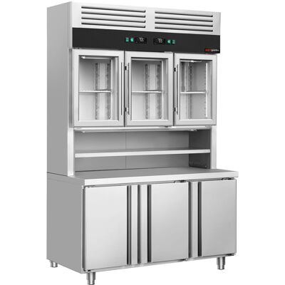 GGM Gastro Kühltisch mit Wandkühlregal - 1350x700mm - 3 Glastüren oben, 3 Türen unten - Arbeitsfläche GGM Gastro Kühltisch mit Wandkühlregal - 1350x700mm - 3 Glastüren oben, 3 Türen unten - Arbeitsfläche