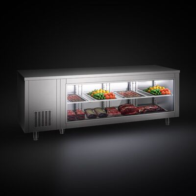 GGM Gastro Kühltisch - 2330x700mm - rückseitig 4 Türen - mit Glasfront Zilver GGM Gastro Kühltisch - 2330x700mm - rückseitig 4 Türen - mit Glasfront Zilver