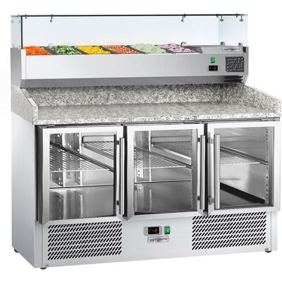 GGM Gastro Pizzakühltisch ECO - 1400x700mm - mit 3 Glastüren - inkl. Kühlaufsatzvitrine - 6x GN 1/4 GGM Gastro Pizzakühltisch ECO - 1400x700mm - mit 3 Glastüren - inkl. Kühlaufsatzvitrine - 6x GN 1/4