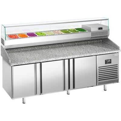 GGM Gastro Pizzakühltisch Premium PLUS - 1980x700mm - mit 3 Türen - inkl. Kühlaufsatzvitrine - 9x GN 1/4 Zilver GGM Gastro Pizzakühltisch Premium PLUS - 1980x700mm - mit 3 Türen - inkl. Kühlaufsatzvitrine - 9x GN 1/4 Zilver