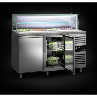 GGM Gastro Saladette PREMIUM - 1515mm - 2 Türen - mit Glasaufsatz für 4x GN 1/1 & 1 Ablage Zilver GGM Gastro Saladette PREMIUM - 1515mm - 2 Türen - mit Glasaufsatz für 4x GN 1/1 & 1 Ablage Zilver