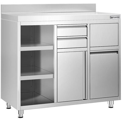 GGM Gastro Arbeitsschrank - für Kaffeemaschine - 1200x600mm - mit 2 Schubladen, 1 Tür, Mülleimer & Aufkantung GGM Gastro Arbeitsschrank - für Kaffeemaschine - 1200x600mm - mit 2 Schubladen, 1 Tür, Mülleimer & Aufkantung