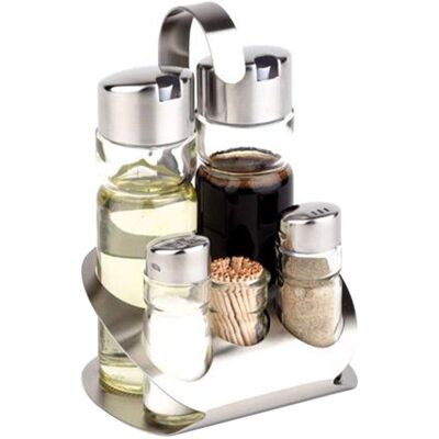 GGM Gastro (6 Stück) Menage - PRO - Edelstahlständer - inkl. 5 Glasbehälter - Mit tropffreien Ausgießern GGM Gastro (6 Stück) Menage - PRO - Edelstahlständer - inkl. 5 Glasbehälter - Mit tropffreien Ausgießern
