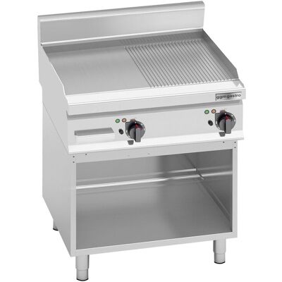 GGM Gastro Elektrische bakplaat - 8kW - 1/2 glad 1/2 geribbeld - Bakoppervlak: 596x430mm - met open onderbouw zilver GGM Gastro Elektrische bakplaat - 8kW - 1/2 glad 1/2 geribbeld - Bakoppervlak: 596x430mm - met open onderbouw zilver