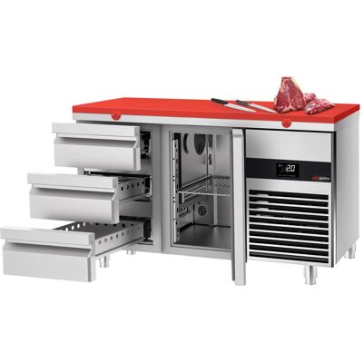 GGM Gastro Koelwerkbank PREMIUM - 1400x700mm - met 1 deur - met 3 lades - incl. snijplank rood rood GGM Gastro Koelwerkbank PREMIUM - 1400x700mm - met 1 deur - met 3 lades - incl. snijplank rood rood