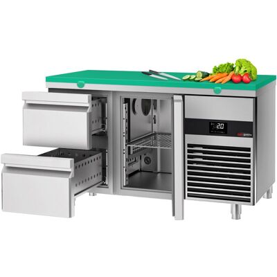 GGM Gastro Koelwerkbank PREMIUM - 1400x700mm - kleur groen - met 1 deur - met 2 lades - met snijplank groen GGM Gastro Koelwerkbank PREMIUM - 1400x700mm - kleur groen - met 1 deur - met 2 lades - met snijplank groen