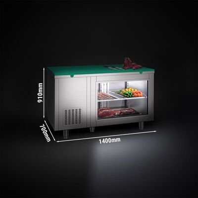 GGM Gastro Kühltisch - 1400x700mm - rückseitig 2 Türen - mit Glasfront - inkl. Schneideplatte Grün GGM Gastro Kühltisch - 1400x700mm - rückseitig 2 Türen - mit Glasfront - inkl. Schneideplatte Grün