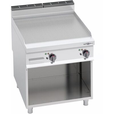 GGM Gastro Elektrische bakplaat - 11,4kW - Geribbeld - Bakoppervlak: 796x667mm - met open onderbouw zilver GGM Gastro Elektrische bakplaat - 11,4kW - Geribbeld - Bakoppervlak: 796x667mm - met open onderbouw zilver