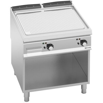 GGM Gastro Elektrische bakplaat - 13,7kW - Geribbeld - Bakoppervlak: 800x900mm - met open onderbouw zilver GGM Gastro Elektrische bakplaat - 13,7kW - Geribbeld - Bakoppervlak: 800x900mm - met open onderbouw zilver
