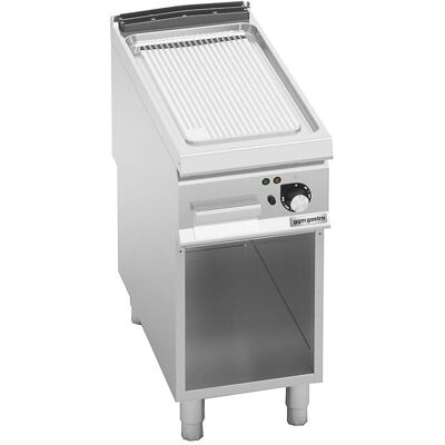 GGM Gastro Elektrische bakplaat - 6,6kW - Geribbeld - met open onderbouw zilver GGM Gastro Elektrische bakplaat - 6,6kW - Geribbeld - met open onderbouw zilver