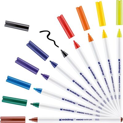 Edding 4600 textielstift - doos à 10 kleuren - ronde punt 1 mm - kleding versieren - permanente textielstiften voor het tekenen op textiel, wasbestendig tot 60 °c - textielstift Edding 4600 textielstift - doos à 10 kleuren - ronde punt 1 mm - kleding versieren - permanente textielstiften voor het tekenen op textiel, wasbestendig tot 60 °c - textielstift