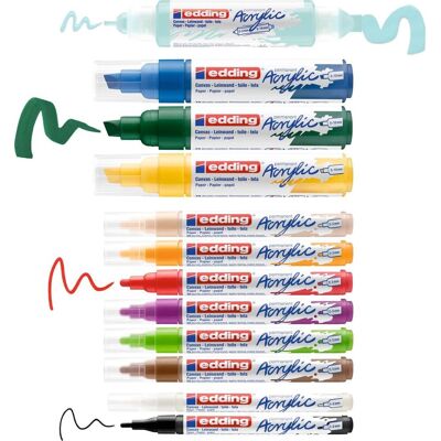 Edding acrylverf stiften starterset - 12 acryl markers - brede beitelpunt - inclusief kleurblok Edding acrylverf stiften starterset - 12 acryl markers - brede beitelpunt - inclusief kleurblok