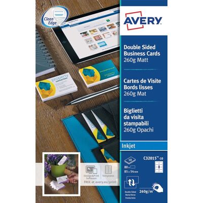 Avery visitekaarten voor inkjet quick&clean mat 80 kaartjes 260 g/m�� Avery visitekaarten voor inkjet quick&clean mat 80 kaartjes 260 g/m��