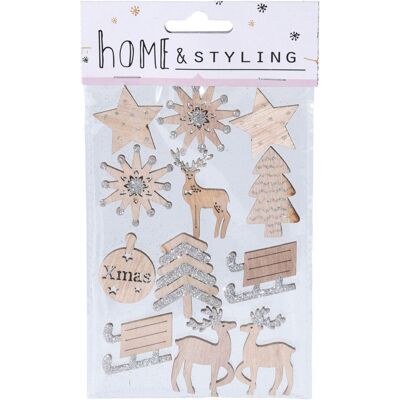 Houten Glitterstickers - 12 stuks Kerstversiering Houten Glitterstickers - 12 stuks Kerstversiering