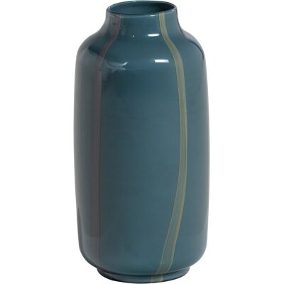 WOOOD selena vaas - glas - petrolblauw met streep grijs - 35x18x18 WOOOD selena vaas - glas - petrolblauw met streep grijs - 35x18x18