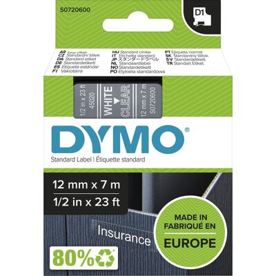 Dymo originele d1 labels witte tekst op doorzichtig label 12 mm x 7 m zelfklevende etiketten voor de labelmanager labelprinter gemaakt in europa Dymo originele d1 labels witte tekst op doorzichtig label 12 mm x 7 m zelfklevende etiketten voor de labelmanager labelprinter gemaakt in europa