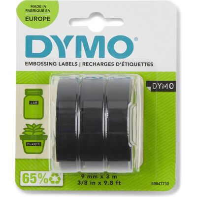 Dymo originele labeltape met reliëf rollen van 9 mm x 3 m wit op zwart zelfklevend voor labelmakers voor reliëfdruk 3 stuks Dymo originele labeltape met reliëf rollen van 9 mm x 3 m wit op zwart zelfklevend voor labelmakers voor reliëfdruk 3 stuks