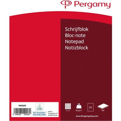 Pergamy schrijfblok, 60 g/m², ft a5, 100 vel, geruit 5 mm Pergamy schrijfblok, 60 g/m², ft a5, 100 vel, geruit 5 mm