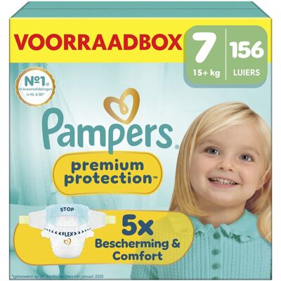Pampers premium protection maat 7 - 156 luiers - 15kg+ - voorraadbox Pampers premium protection maat 7 - 156 luiers - 15kg+ - voorraadbox
