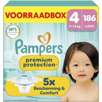 Pampers premium protection maat 4 - 186 luiers - 9kg-14kg - voorraadbox Pampers premium protection maat 4 - 186 luiers - 9kg-14kg - voorraadbox