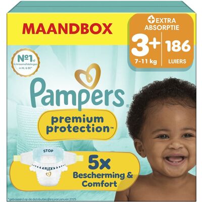 Pampers premium protection maat 3+ - 186 luiers - 7kg-11kg - maandbox Pampers premium protection maat 3+ - 186 luiers - 7kg-11kg - maandbox