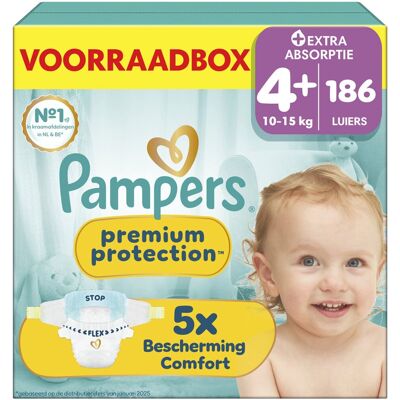 Pampers premium protection maat 4+ - 186 luiers - 10kg-15kg - voorraadbox Pampers premium protection maat 4+ - 186 luiers - 10kg-15kg - voorraadbox