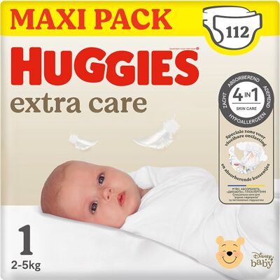 Huggies ® extra care baby luiers, maat 1 (2 tot 5 kg), 112 luiers met vochtindicator en disney designs, maxi pack Huggies ® extra care baby luiers, maat 1 (2 tot 5 kg), 112 luiers met vochtindicator en disney designs, maxi pack