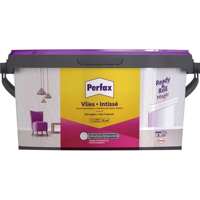 Perfax ready & roll vlies magic behanglijm 2.25 kg 100% kleurenbeeld tijdens het behangen magic vlies behanglijm droogt transparant Perfax ready & roll vlies magic behanglijm 2.25 kg 100% kleurenbeeld tijdens het behangen magic vlies behanglijm droogt transparant