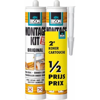 Bison montagekit original koker 2x 350 g, duo verpakking, 2e koker halve prijs, montagelijm, bevestigen, hoge eindsterkte, binnen en buiten, blijvend elastisch, extra sterk, vullend eenvoudig in gebruik Bison montagekit original koker 2x 350 g, duo verpakking, 2e koker halve prijs, montagelijm, bevestigen, hoge eindsterkte, binnen en buiten, blijvend elastisch, extra sterk, vullend eenvoudig in gebruik