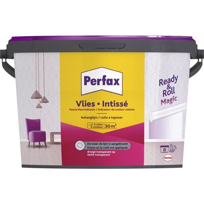 Perfax ready & roll vlies magic behanglijm 4.5 kg 100% kleurenbeeld tijdens het behangen magic vlies behanglijm droogt transparant Perfax ready & roll vlies magic behanglijm 4.5 kg 100% kleurenbeeld tijdens het behangen magic vlies behanglijm droogt transparant