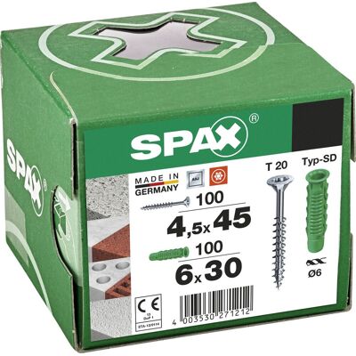 Spax pluggen type sd 6 x 30 mm + universele schroef, 4,5 x 45 mm, verzonken kop, deeldraad, t-star plus t20, wirox, 100 + 100 stuks - 5000001200015 Spax pluggen type sd 6 x 30 mm + universele schroef, 4,5 x 45 mm, verzonken kop, deeldraad, t-star plus t20, wirox, 100 + 100 stuks - 5000001200015