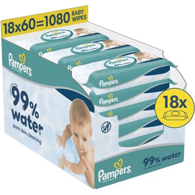Pampers 99% water - billendoekjes - zachte lotion met 99% water - 18 verpakkingen van 60 doekjes = 1080 babydoekjes Pampers 99% water - billendoekjes - zachte lotion met 99% water - 18 verpakkingen van 60 doekjes = 1080 babydoekjes
