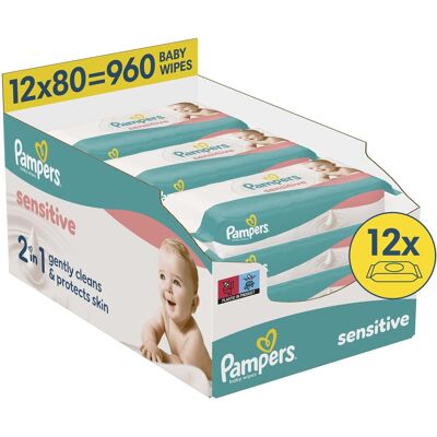Pampers sensitive - billendoekjes - 2 in 1 reinigt zacht en beschermt de huid - 12 verpakkingen van 80 doekjes = 960 babydoekjes Pampers sensitive - billendoekjes - 2 in 1 reinigt zacht en beschermt de huid - 12 verpakkingen van 80 doekjes = 960 babydoekjes