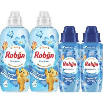 Robijn perfecte match wasverzachter en wasparfum pakket - morgenfris - 4 stuks - 2 x 39 wasbeurten + 2 x 342ml - voordeelverpakking Robijn perfecte match wasverzachter en wasparfum pakket - morgenfris - 4 stuks - 2 x 39 wasbeurten + 2 x 342ml - voordeelverpakking