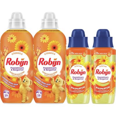 Robijn perfecte match wasverzachter en wasparfum pakket - passiebloem & bergamot - 4 stuks - 2 x 39 wasbeurten + 2 x 342ml - voordeelverpakking Robijn perfecte match wasverzachter en wasparfum pakket - passiebloem & bergamot - 4 stuks - 2 x 39 wasbeurten + 2 x 342ml - voordeelverpakking