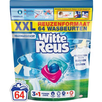 Witte Reus 3+1 power caps - wascapsules wasmiddel - witte was - 64 wasbeurten - grootverpakking Witte Reus 3+1 power caps - wascapsules wasmiddel - witte was - 64 wasbeurten - grootverpakking