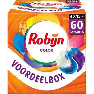 Robijn wasmiddel - 3-in-1 wascapsules - color - 4 x 15 stuks - 60 wasbeurten - voordeelverpakking Robijn wasmiddel - 3-in-1 wascapsules - color - 4 x 15 stuks - 60 wasbeurten - voordeelverpakking