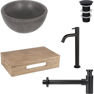 Differnz ruz fonteinset - ronde waskom van beton in donkergrijs - hoge koudwaterkraan in mat zwart - inclusief wastafelplank in licht eiken - afmetingen 25 x 25 x 11.5 cm - rond Differnz ruz fonteinset - ronde waskom van beton in donkergrijs - hoge koudwaterkraan in mat zwart - inclusief wastafelplank in licht eiken - afmetingen 25 x 25 x 11.5 cm - rond