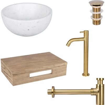 Differnz raz fonteinset voor toilet - ronde waskom van marmer - hoge koudwaterkraan in mat goud - inclusief wastafelplank van licht eiken - afmeting ø 25 x 11.5 cm - 2 jaar garantie Differnz raz fonteinset voor toilet - ronde waskom van marmer - hoge koudwaterkraan in mat goud - inclusief wastafelplank van licht eiken - afmeting ø 25 x 11.5 cm - 2 jaar garantie