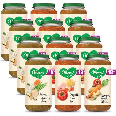 Olvarit variatiemenu babymaaltijd 18+ maanden - 3 smaken - 12 x 250g Olvarit variatiemenu babymaaltijd 18+ maanden - 3 smaken - 12 x 250g