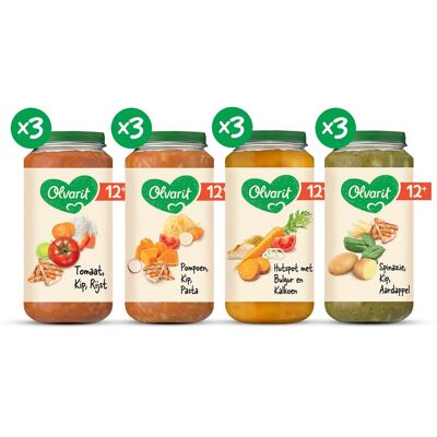 Olvarit variatiemenu babymaaltijd 12+ maanden - versie 1 - 4 smaken - 12 x 250g Olvarit variatiemenu babymaaltijd 12+ maanden - versie 1 - 4 smaken - 12 x 250g