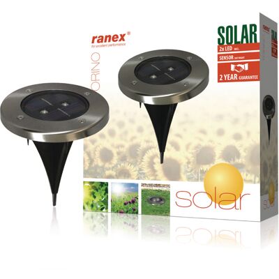 Ranex RA-5000389 Buitengrondverlichting - Roestvrij staal, IP44, Zonne-LED, 2x0.06W Ranex RA-5000389 Buitengrondverlichting - Roestvrij staal, IP44, Zonne-LED, 2x0.06W